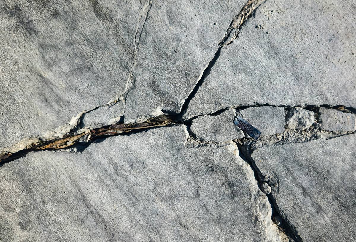 A damaged road with numerous cracks